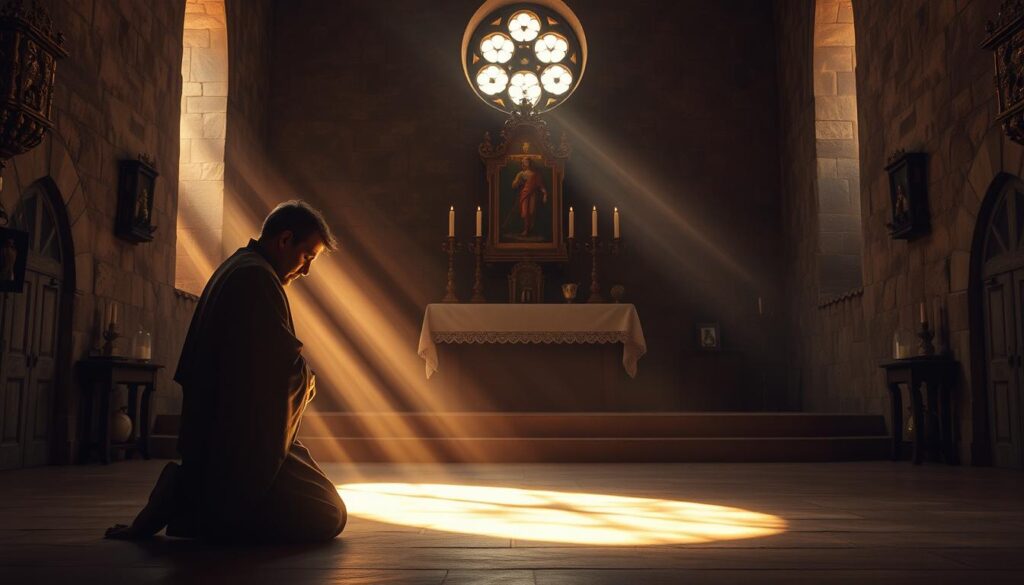 An intimate study of Augustyn Pelanowski's spiritual life, captured in soft, muted tones. In the foreground, a kneeling figure lost in contemplation, rays of warm, diffused light caressing their robed form. The middle ground reveals a simple yet ornate altar, adorned with candles and religious artifacts, conveying a sense of profound reverence. The background is a tranquil, monastic setting - stone walls, arched windows, and the gentle play of shadows, evoking a timeless, introspective atmosphere. Subtle textures, muted colors, and a sense of reverence permeate the scene, reflecting the depth and solemnity of Pelanowski's spiritual practice. An intimate study of Augustyn Pelanowski's spiritual life, captured in soft, muted tones. In the foreground, a kneeling figure lost in contemplation, rays of warm, diffused light caressing their robed form. The middle ground reveals a simple yet ornate altar, adorned with candles and religious artifacts, conveying a sense of profound reverence. The background is a tranquil, monastic setting - stone walls, arched windows, and the gentle play of shadows, evoking a timeless, introspective atmosphere. Subtle textures, muted colors, and a sense of reverence permeate the scene, reflecting the depth and solemnity of Pelanowski's spiritual practice.