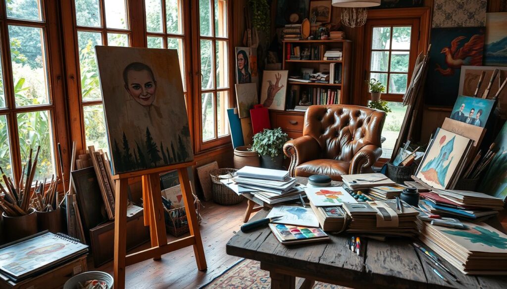 Pasje Don Vasyla A cozy studio filled with vibrant colors and textures. In the foreground, an easel stands proud, showcasing a half-finished masterpiece, the brush strokes full of energy and expression. Nearby, a well-worn leather armchair invites one to relax and ponder the creative process. The middle ground is a treasure trove of artistic tools and supplies - paints, brushes, canvases, and sketchbooks spilling onto a weathered wooden table. Warm, natural light filters through large windows, casting a soft glow over the scene. The background reveals glimpses of lush greenery and a tranquil garden, hinting at Don Vasyl's connection to nature and his love for the outdoors. An atmosphere of contemplation and passion permeates the space, reflecting the multifaceted artistic pursuits of this captivating individual. Pasje Don Vasyla A cozy studio filled with vibrant colors and textures. In the foreground, an easel stands proud, showcasing a half-finished masterpiece, the brush strokes full of energy and expression. Nearby, a well-worn leather armchair invites one to relax and ponder the creative process. The middle ground is a treasure trove of artistic tools and supplies - paints, brushes, canvases, and sketchbooks spilling onto a weathered wooden table. Warm, natural light filters through large windows, casting a soft glow over the scene. The background reveals glimpses of lush greenery and a tranquil garden, hinting at Don Vasyl's connection to nature and his love for the outdoors. An atmosphere of contemplation and passion permeates the space, reflecting the multifaceted artistic pursuits of this captivating individual.